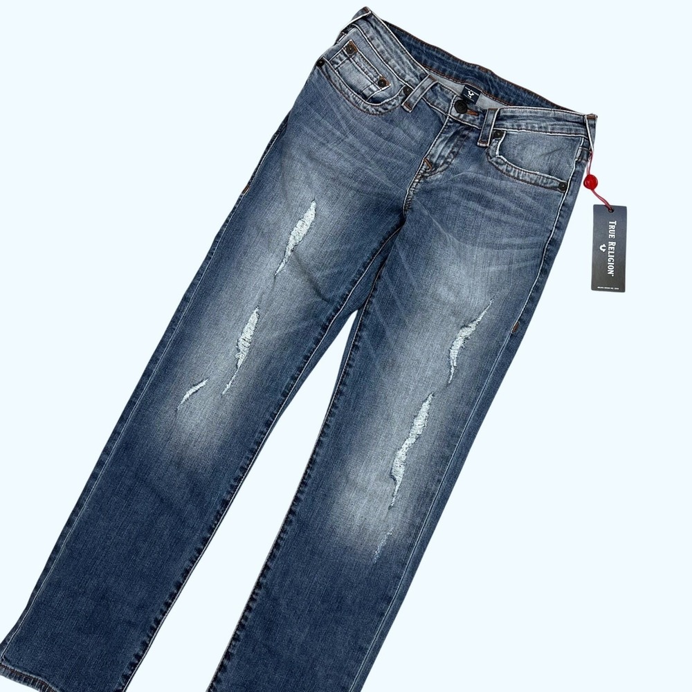 NEW True Religion Geno‎ Slim Destructed Street Jeans Blue Distressed Size 16